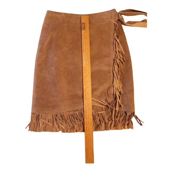 Salamander Womens Wrap Skirt Pencil Leather Fringe Knee Length Suede Khaki Small - Picture 1 of 6